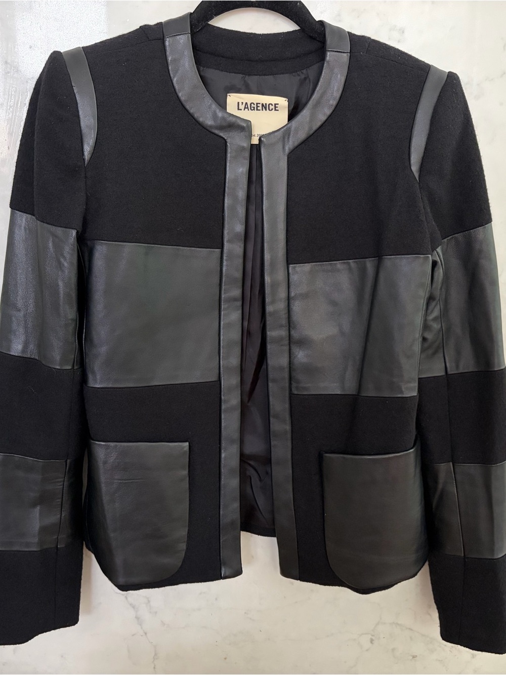 L'AGENCE Black Lamb Leather-Trim and  Wool Jacket sz 2